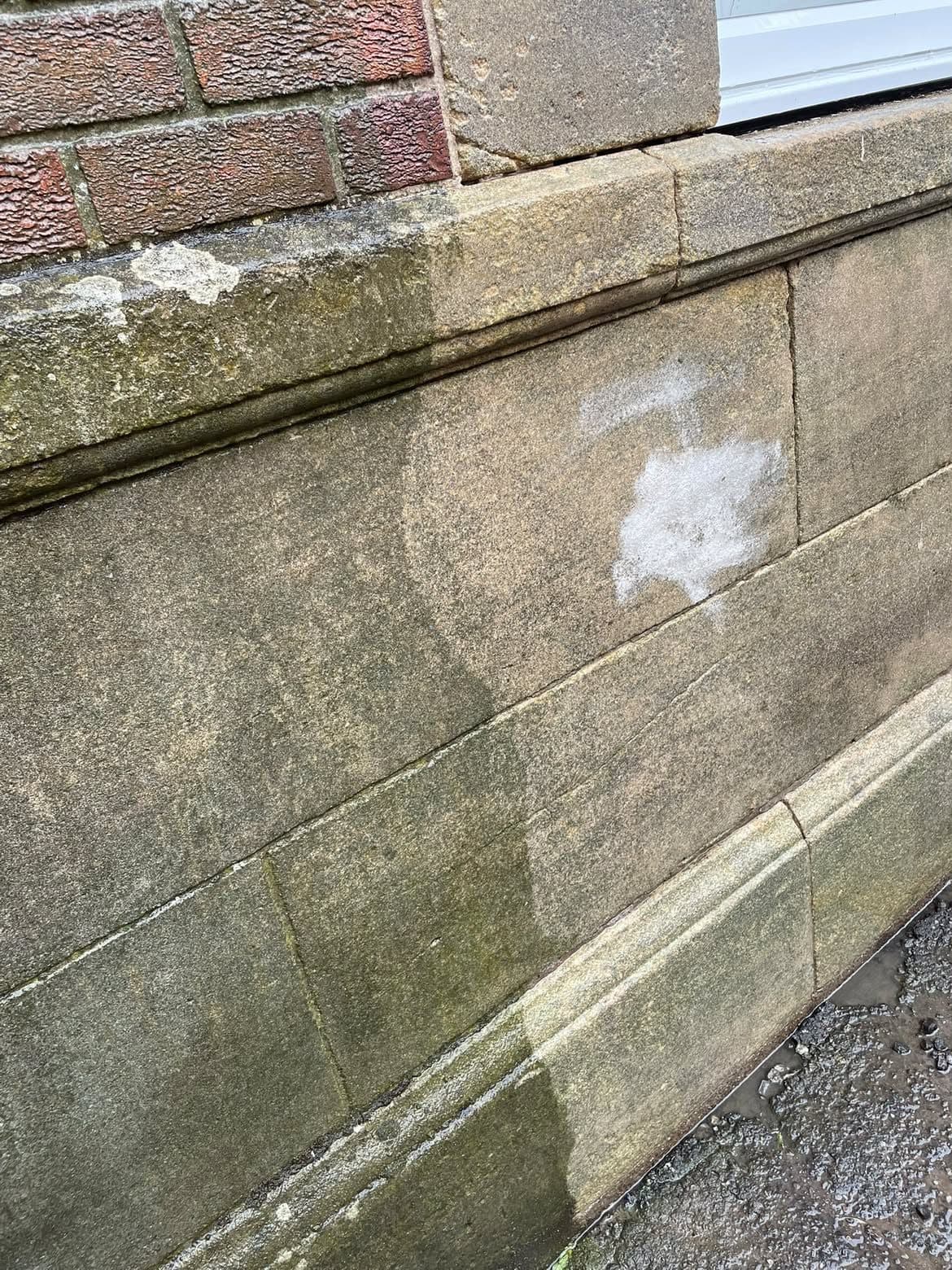 Sandstone plinth half cleaned, with green algae left on the untreated side